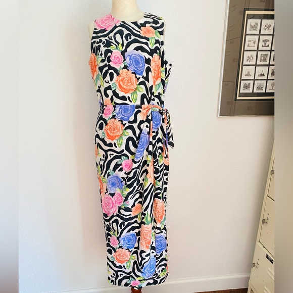 Vintage 90s Maxi Sleeveless Silk Black and White Colorful Floral Pattern Dress - Picture 3 of 16